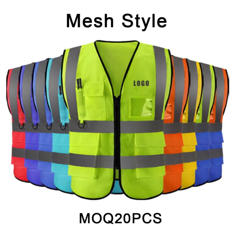High-Vis-100-Polyester-Mesh-Reflective-Safety-Vest-w4-Pockets-HL78240425 Custom High-Vis 100% Polyester Mesh Reflective Safety Vest w/4 Pockets