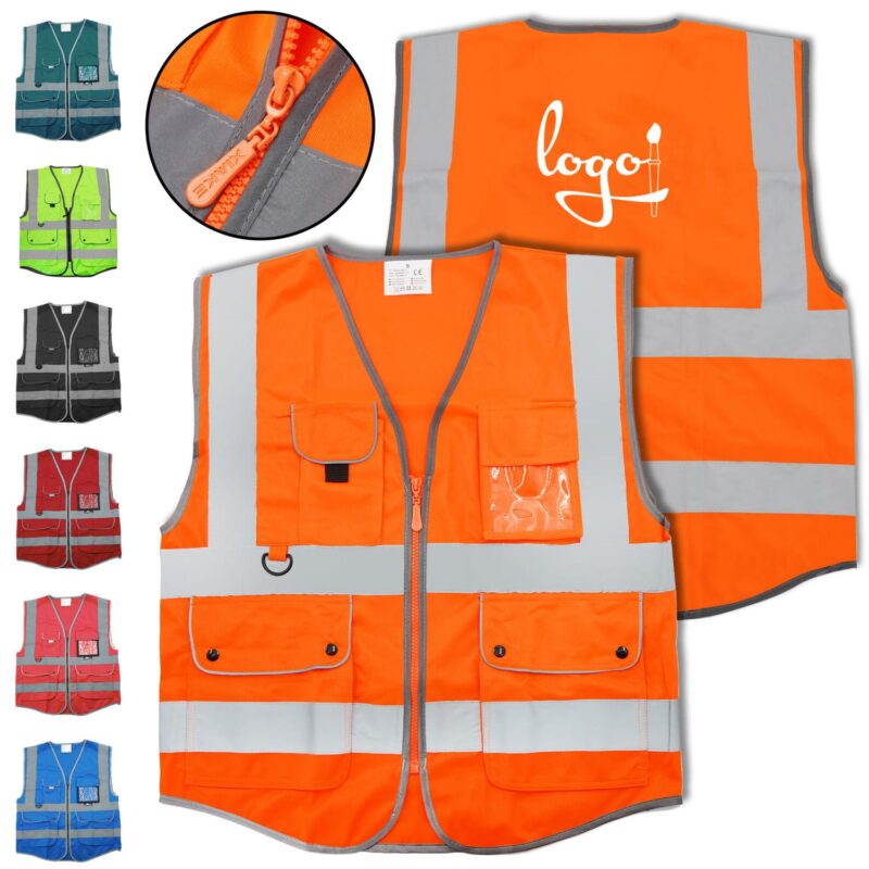 Custom Polyester Double Band Reflective Safety Vest w/ Pockets